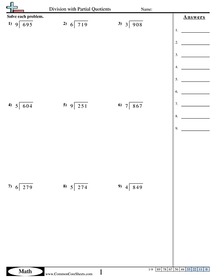 Division Worksheets - Division with Partial Quotients worksheet